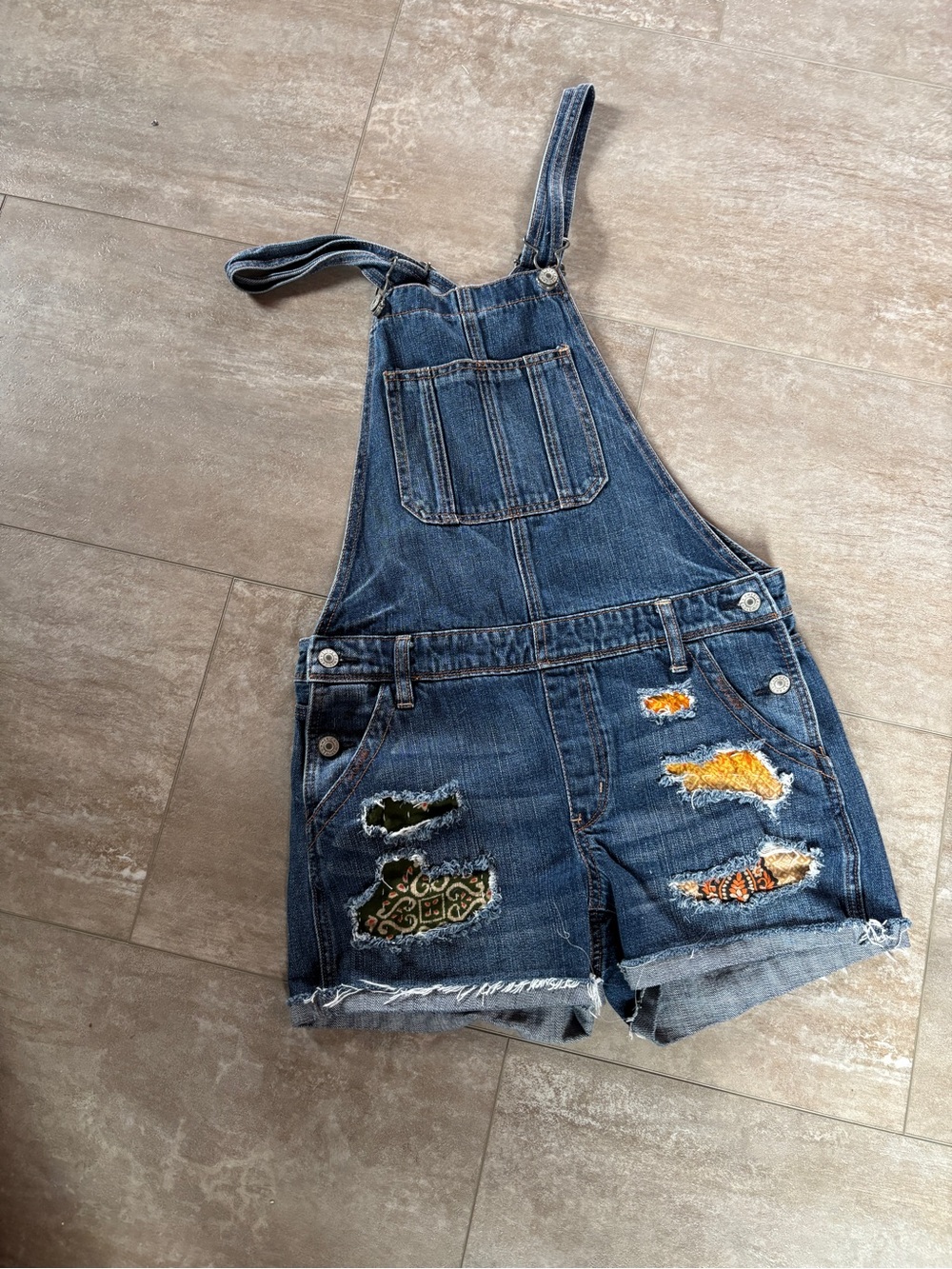Denim Short Overalls with Embroidered Patchwork